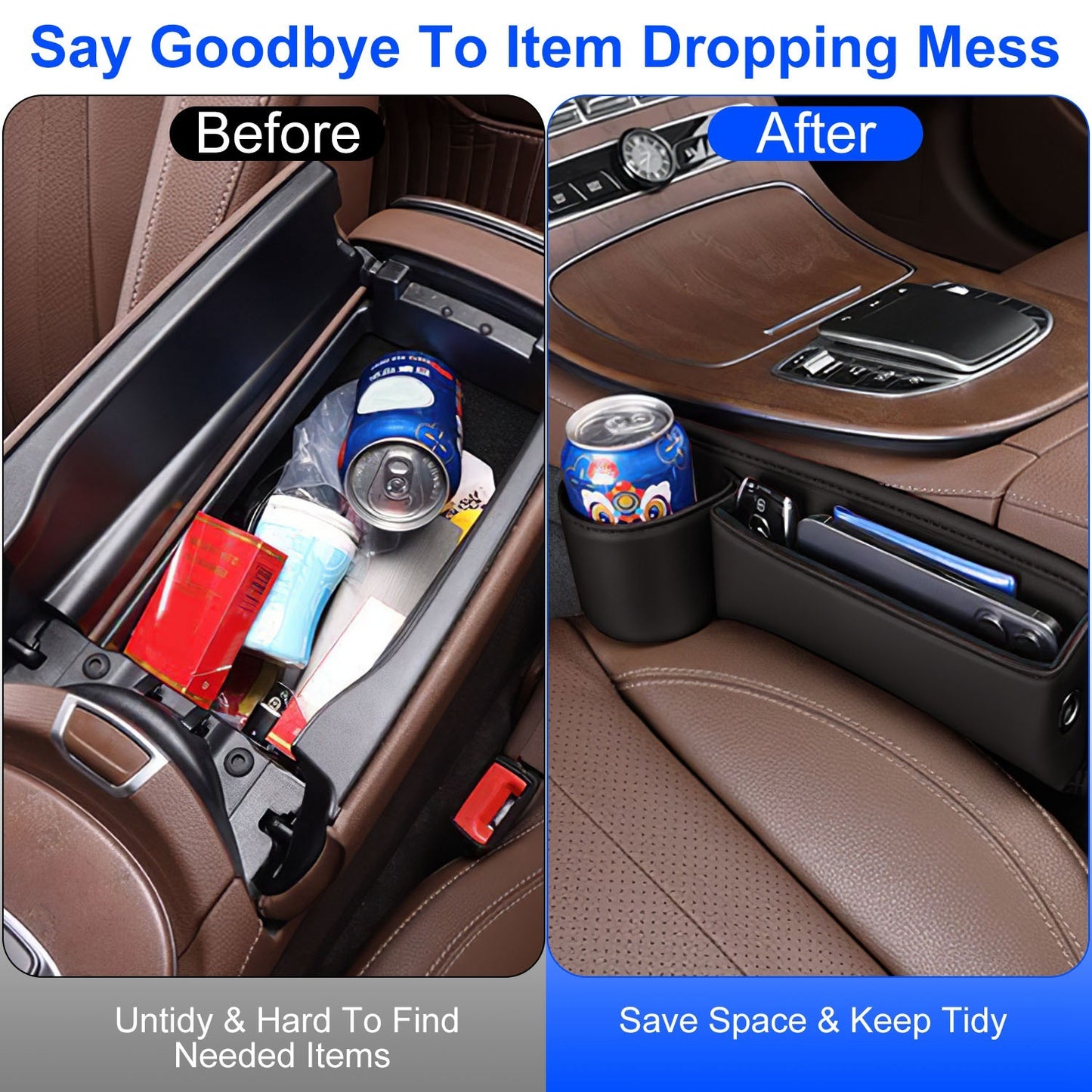 2 Pack Car Seat Gap Filler Organizer Car Leather Cup Holder Gap Bag Universal Car Seat Storage Black For Placing Keys Cards Phones Drinks Lipstick