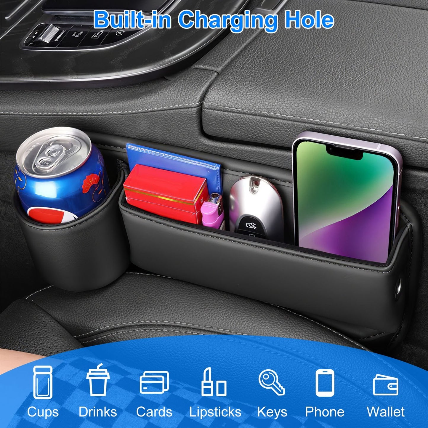 2 Pack Car Seat Gap Filler Organizer Car Leather Cup Holder Gap Bag Universal Car Seat Storage Black For Placing Keys Cards Phones Drinks Lipstick