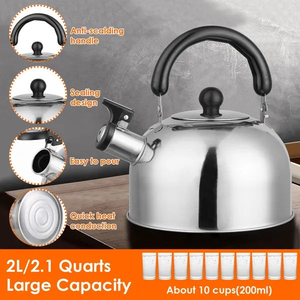 2.1Quarts Stainless Steel Whistling Tea Kettle Stovetop Induction Gas Teapot With Insulated Handle Camping Kitchen Office