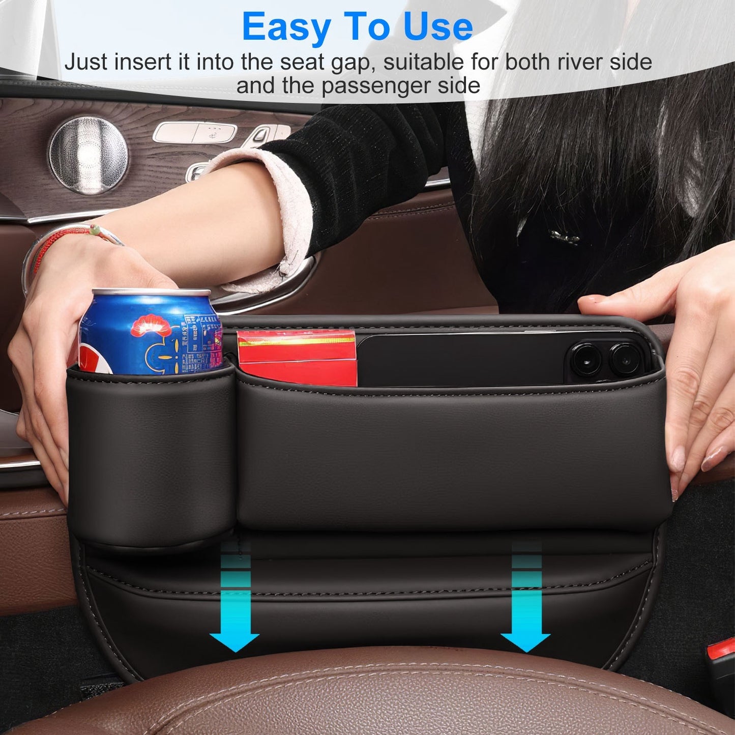 2 Pack Car Seat Gap Filler Organizer Car Leather Cup Holder Gap Bag Universal Car Seat Storage Black For Placing Keys Cards Phones Drinks Lipstick